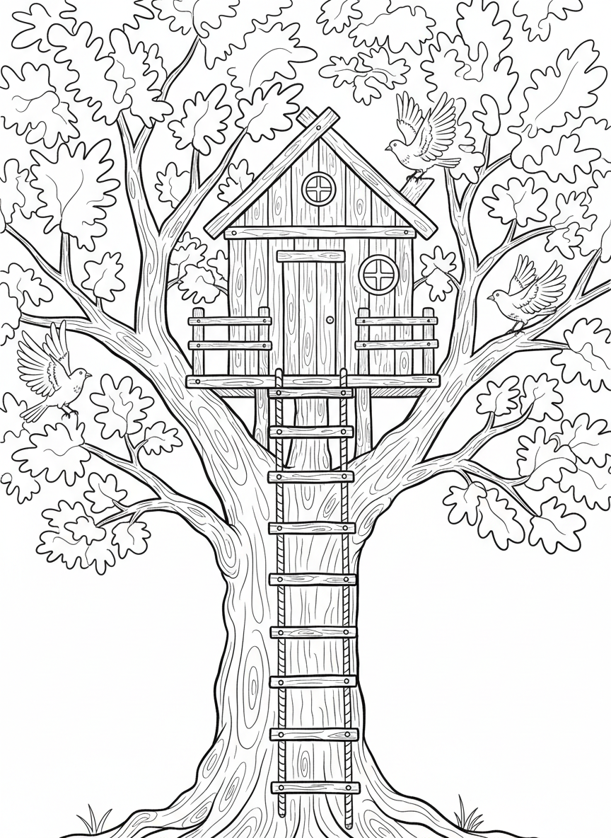 A simple treehouse with a rope ladder hanging from a sturdy oak tree, surrounded by leafy branches and birds perched nearby.