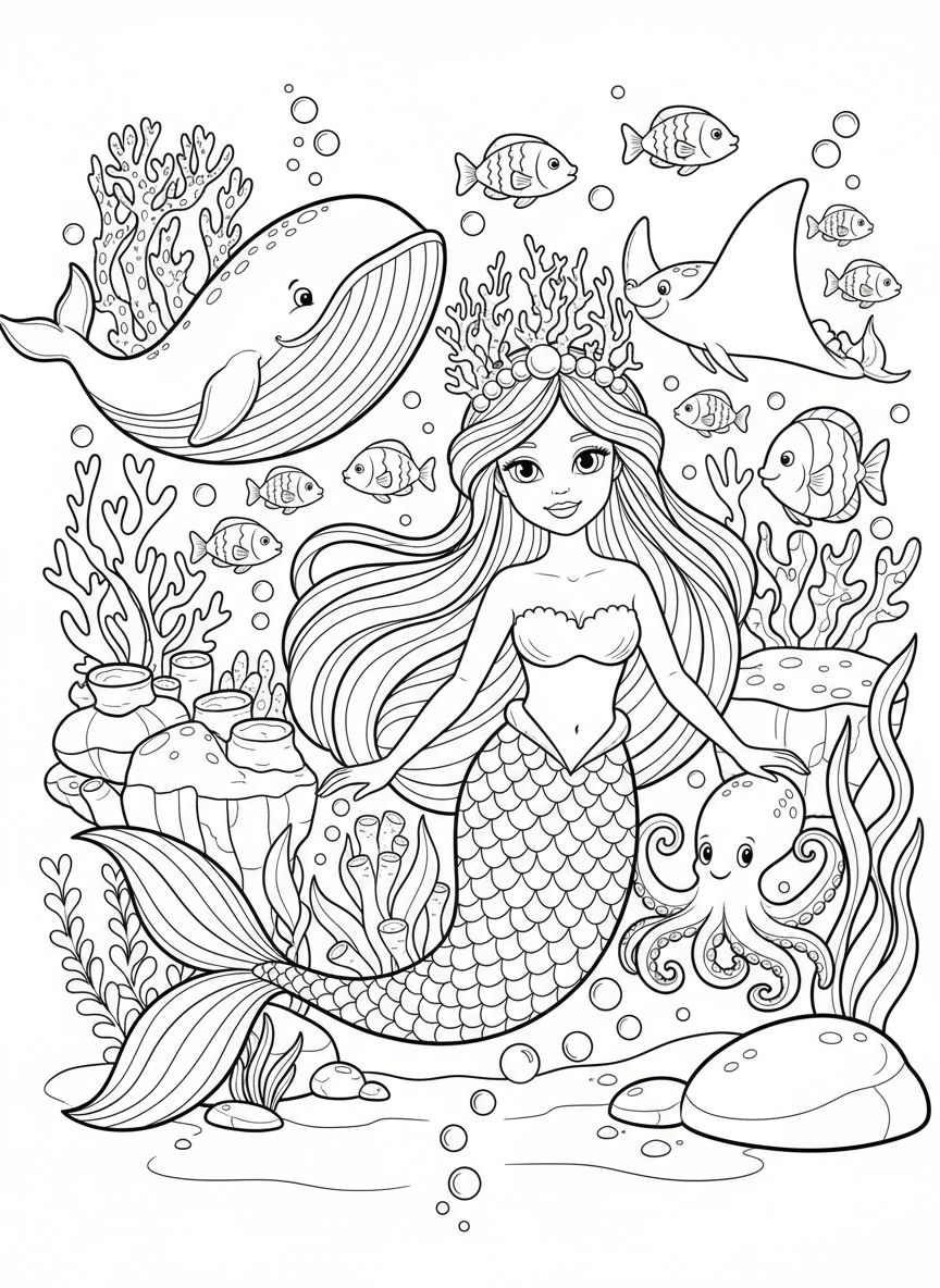 A mermaid princess wearing a crown made of coral and pearls, surrounded by friendly fish and sea creatures.