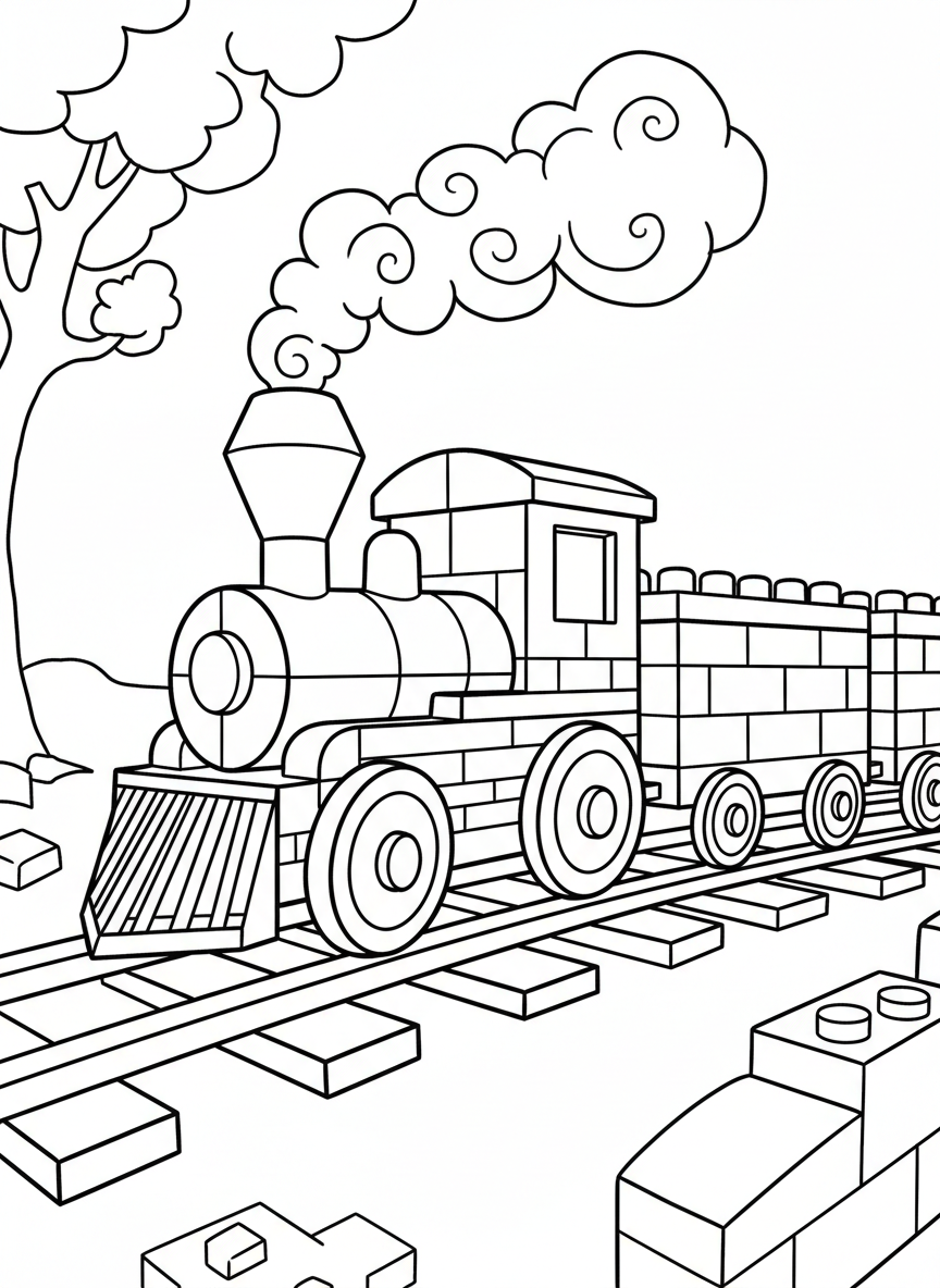 A toy brick train engine with wheels, smokestack, and cargo cars attached, chugging along brick railroad tracks.