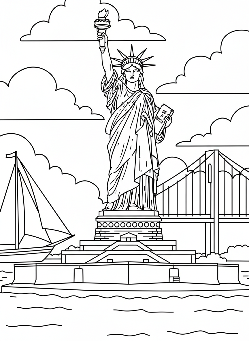 The Statue of Liberty standing tall with her torch raised, clouds in the background, clear outlines for kids to color