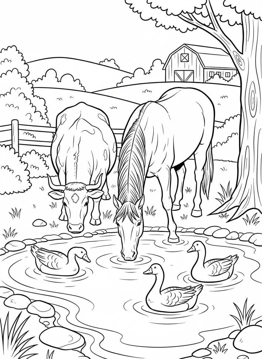 A group of farm animals gathered around a water pond including geese, a horse, and a cow drinking together.