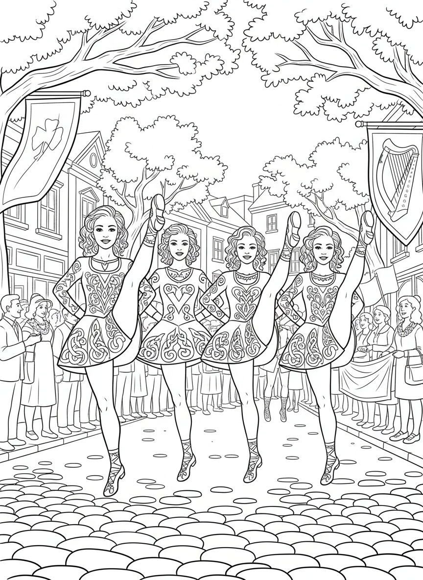 A group of Irish dancers in traditional dresses performing a high kick in the middle of a parade route.