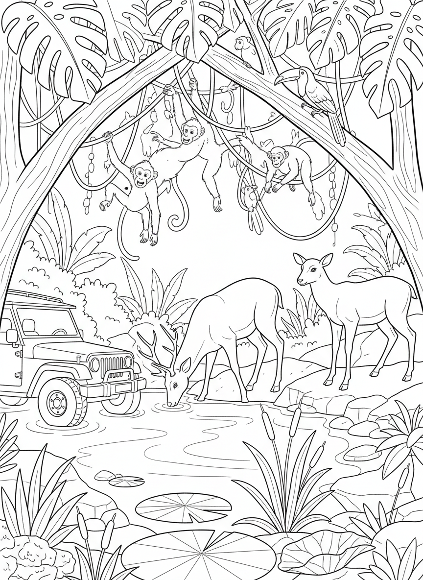 A jungle waterhole scene with various animals gathering to drink: deer, monkeys, and birds, safari jeep in background.