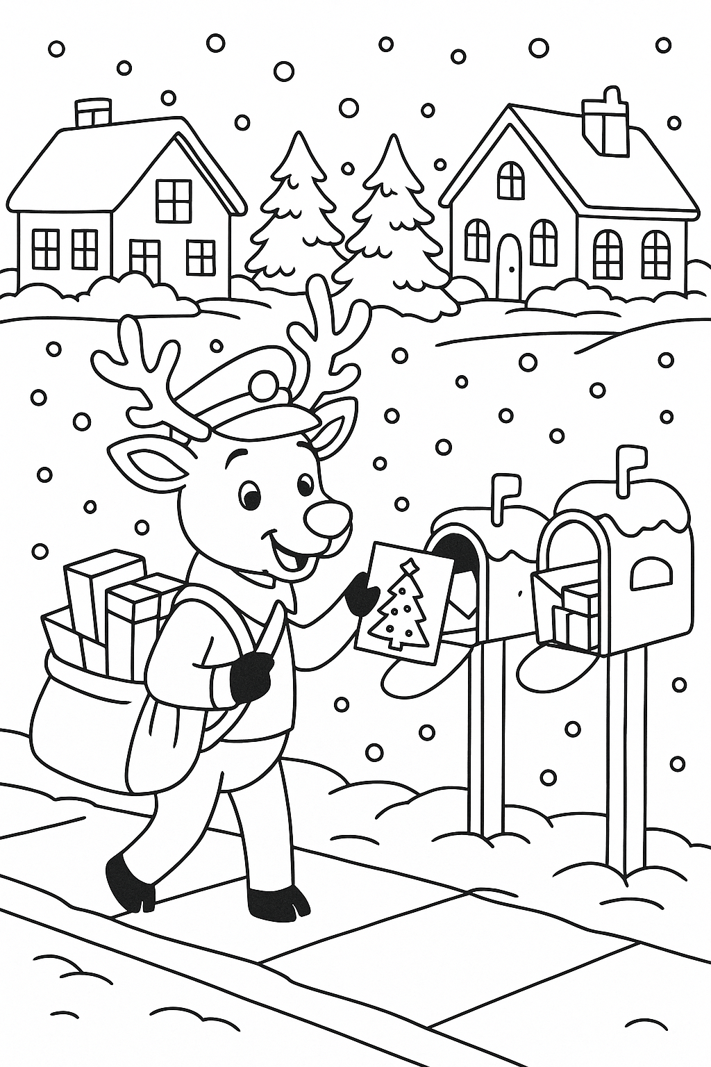 Friendly reindeer wearing a mail carrier hat delivering Christmas cards and packages to snow-covered mailboxes along a winter street