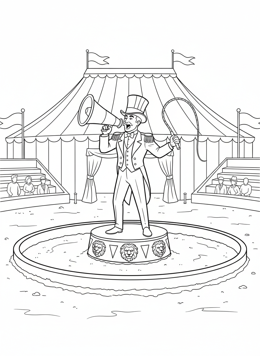 A ring master in a top hat holding a megaphone, standing in the center ring with a whip and podium.