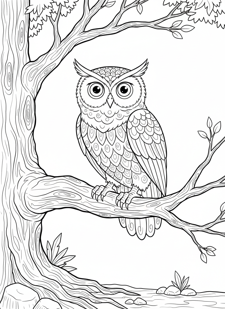 A wise owl griffin perched on an ancient tree branch, with intricate feather patterns and large expressive eyes.