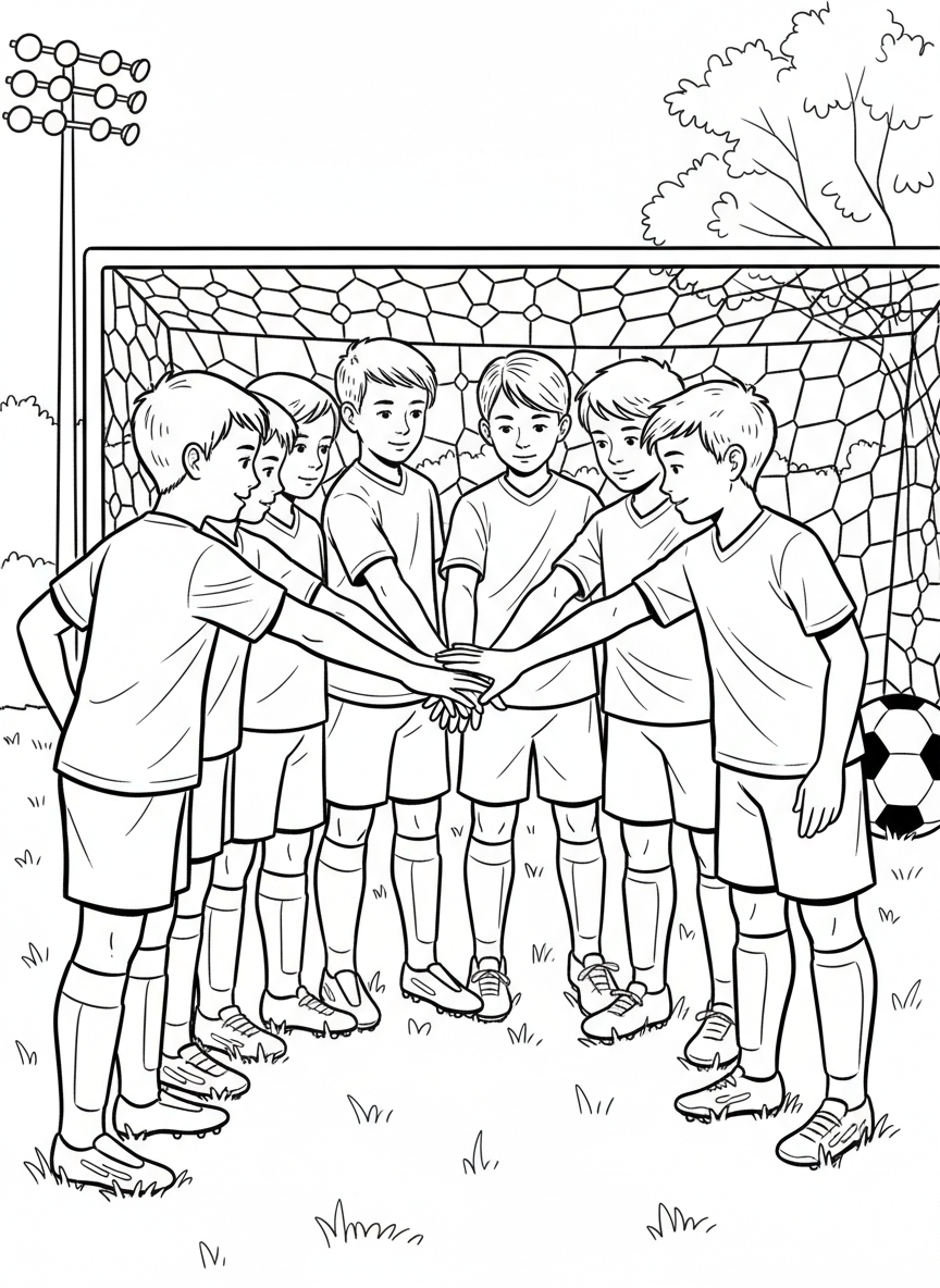 A youth soccer team huddled together in a circle with hands stacked in the center, showing teamwork and unity