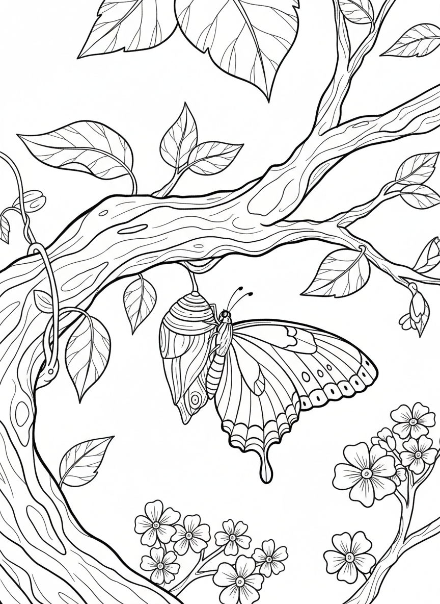 A butterfly emerging from its chrysalis hanging on a branch, surrounded by leaves and small flowers in the background.