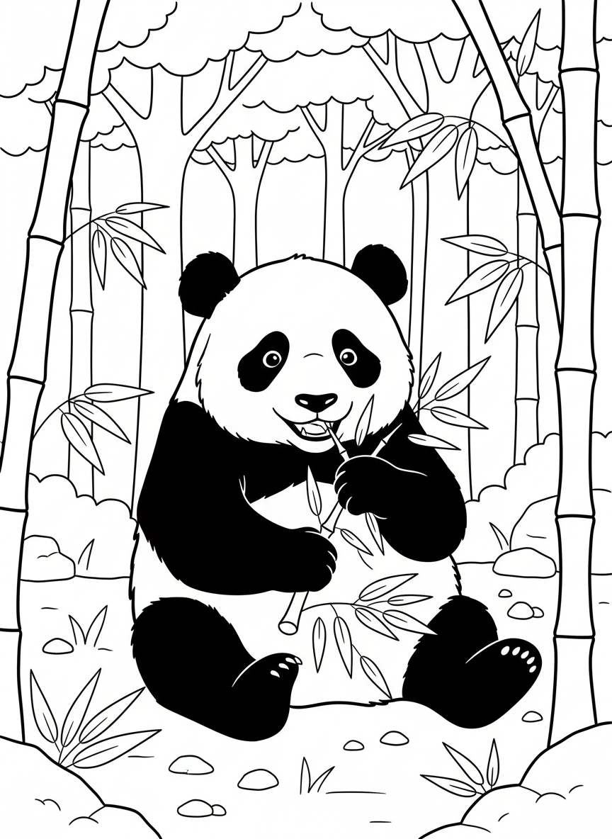 A panda bear sitting and eating bamboo shoots, with a peaceful forest background