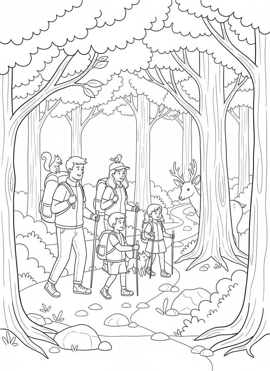 A family going for a nature hike on a forest trail, with backpacks, walking sticks, and woodland animals peeking out.