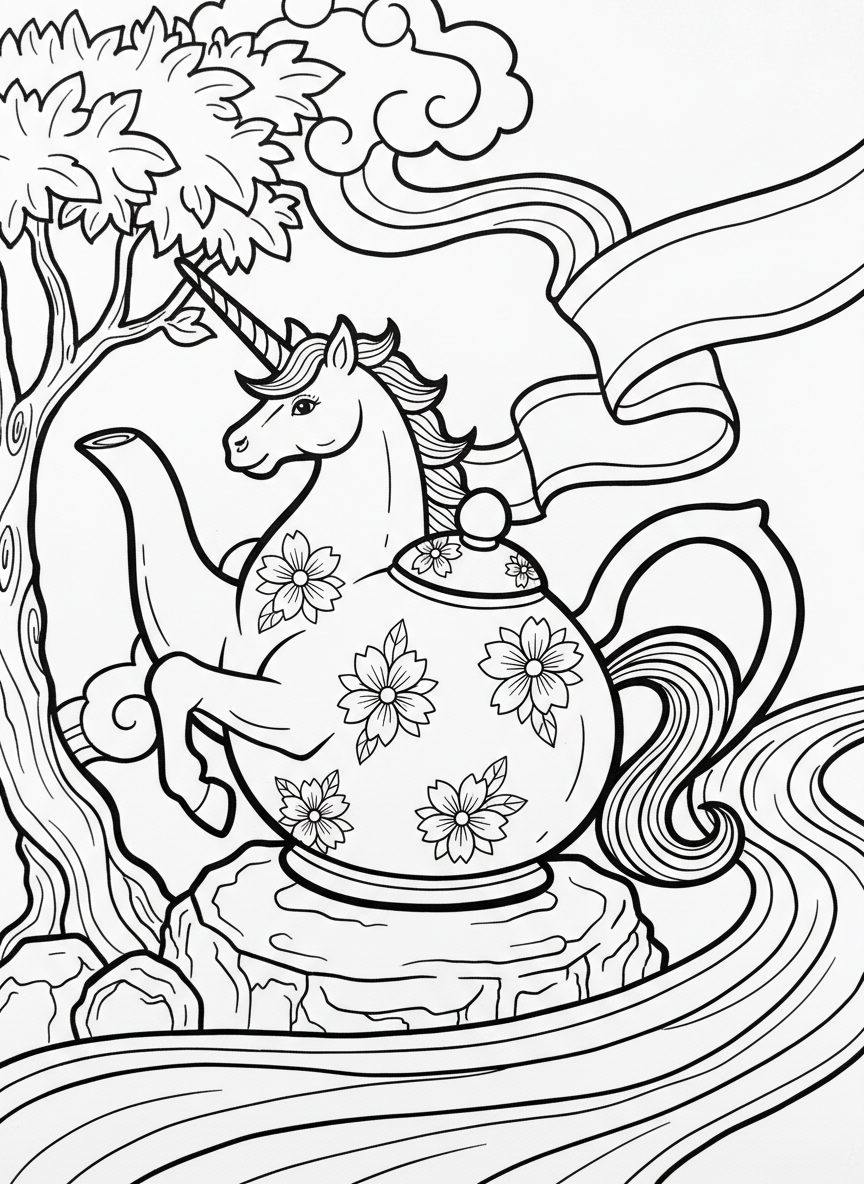 A unicorn teapot with the spout as the horn, handle as the tail, decorated with delicate flower patterns