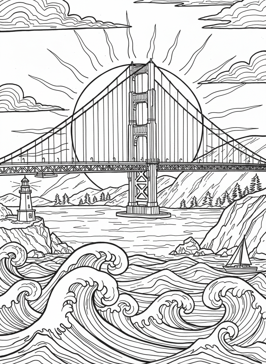 The Golden Gate Bridge at sunset with the sun behind it and waves below, simple scenic composition with bold lines.