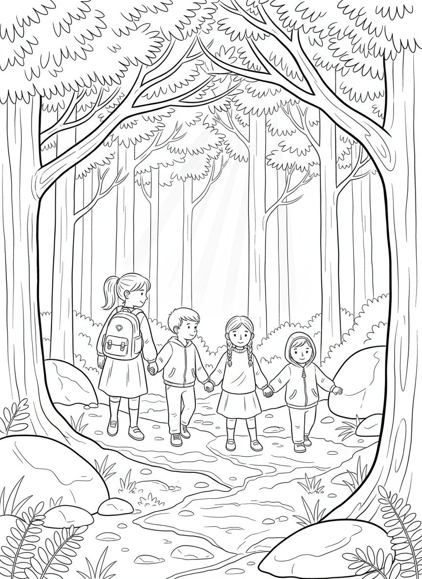 Kids walking single-file along a narrow forest path, with tall trees creating a canopy overhead and sunbeams filtering through.