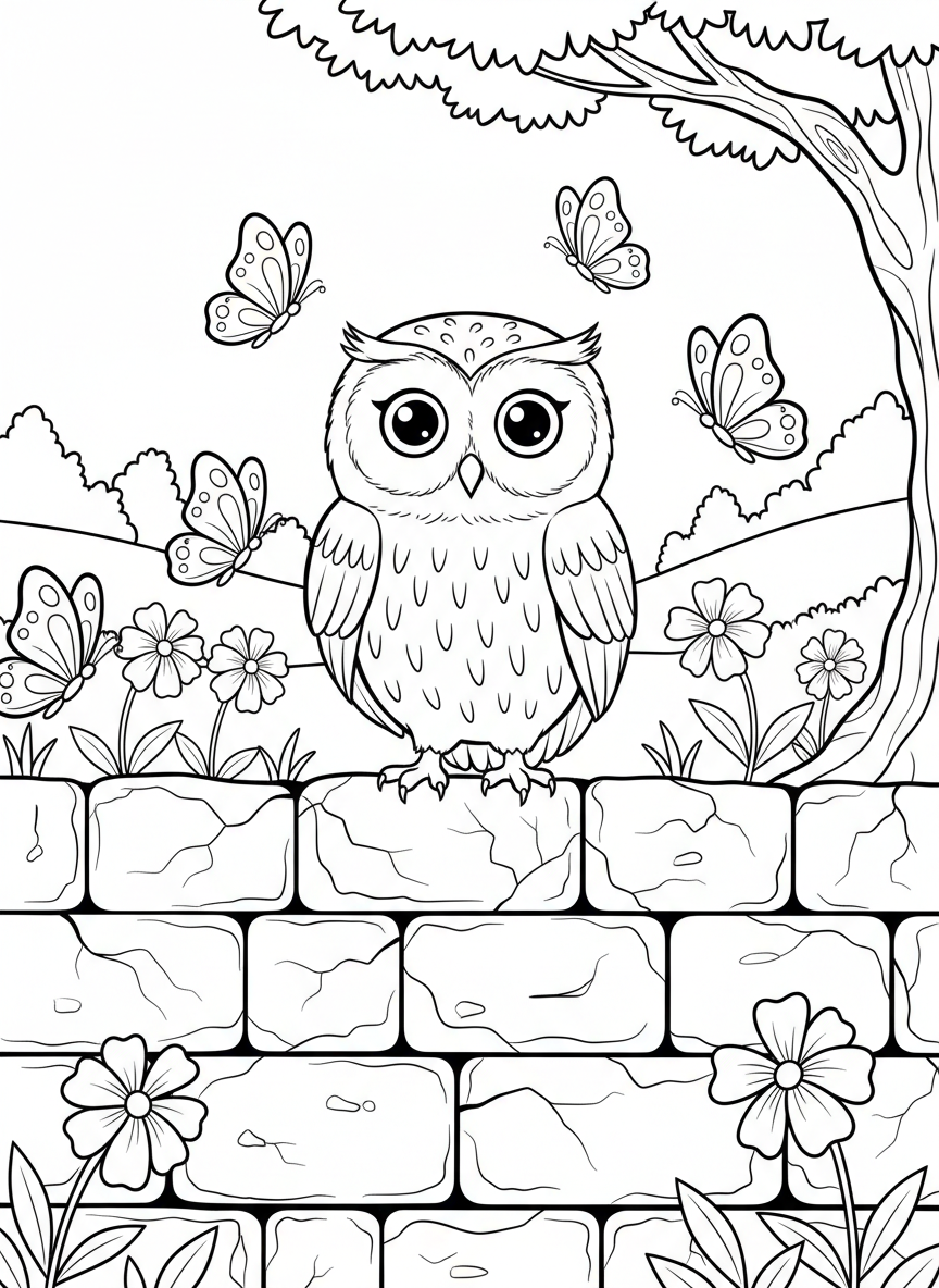 A little owl standing on a stone wall with wildflowers growing nearby and butterflies in the scene.