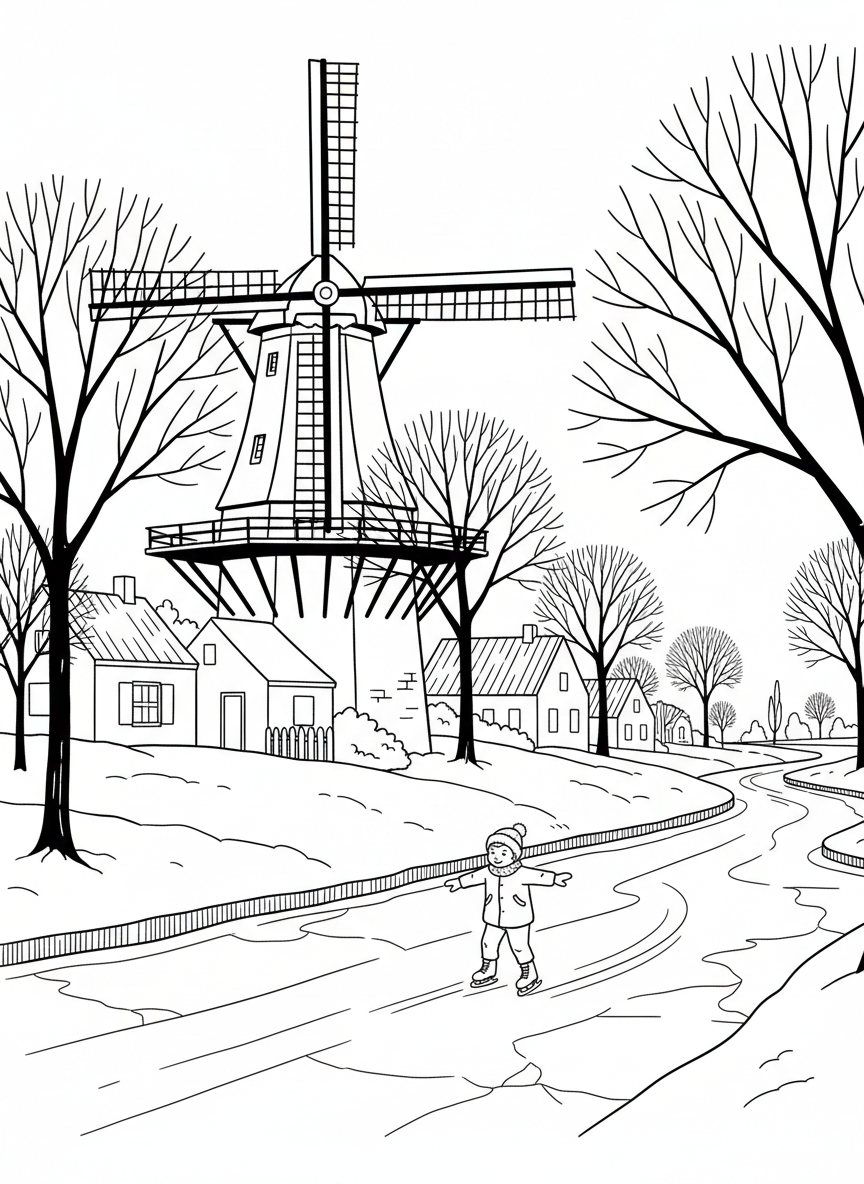 A windmill in winter with bare trees, a frozen canal, and a child ice skating, showing seasonal Dutch landscape.
