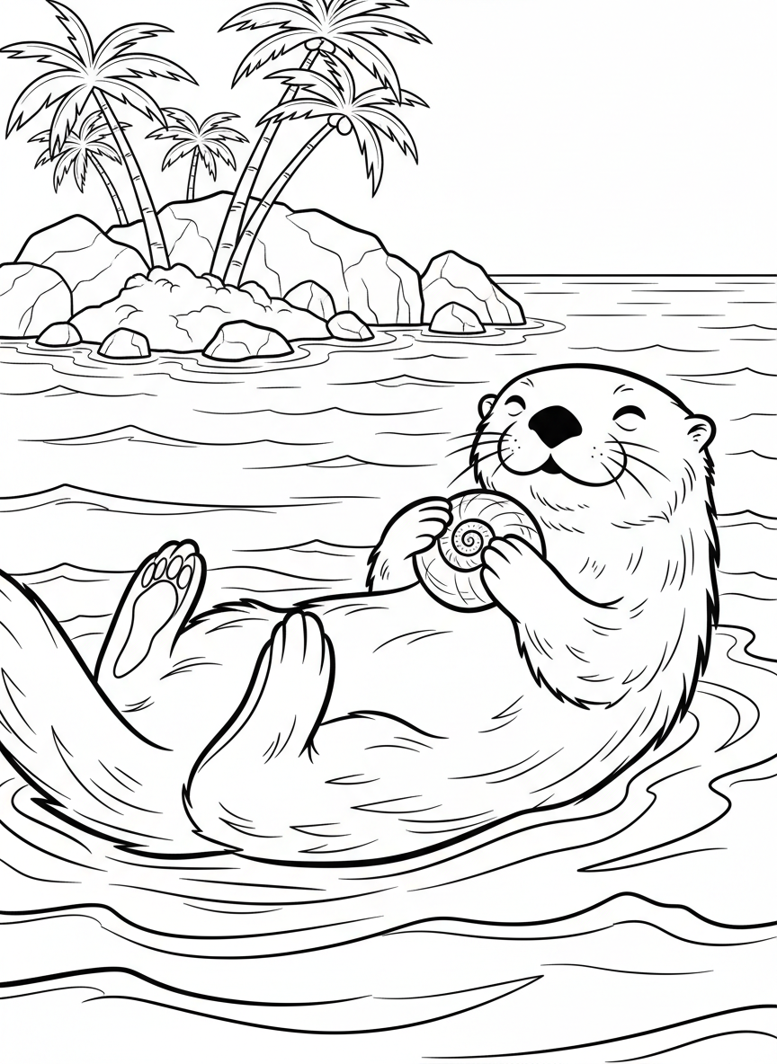 A sea otter floating on its back in calm tropical waters, holding a shell, with an island coastline in the background.