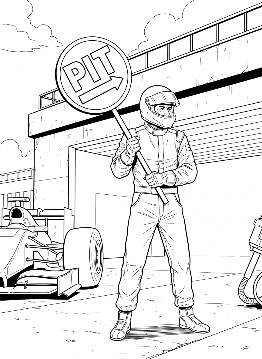 A pit crew member holding a large lollipop-shaped pit sign, standing ready to signal the driver during a pit stop.