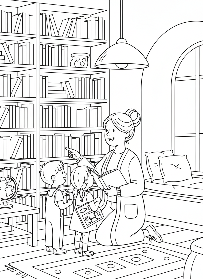 A librarian helping children select books from tall shelves in a cozy library filled with reading nooks.