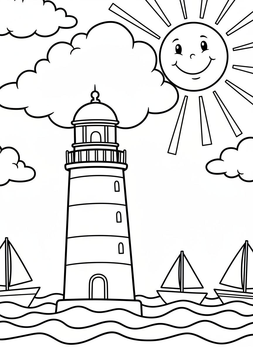 A simple lighthouse outline with large puffy clouds, a smiling sun, and three sailboats on gentle waves, easy for toddlers