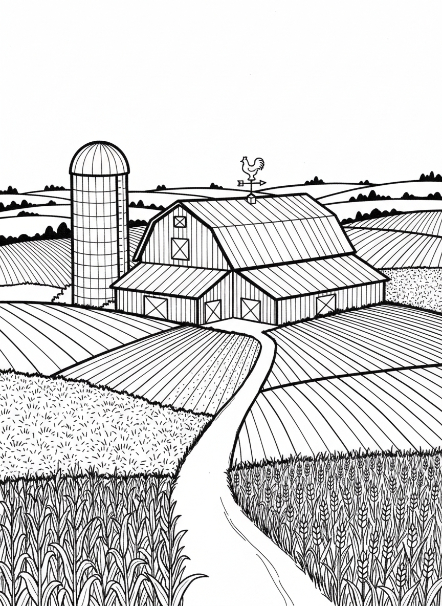 A silo and barn complex with a weather vane on top, surrounded by fields of different crops creating a patchwork pattern.