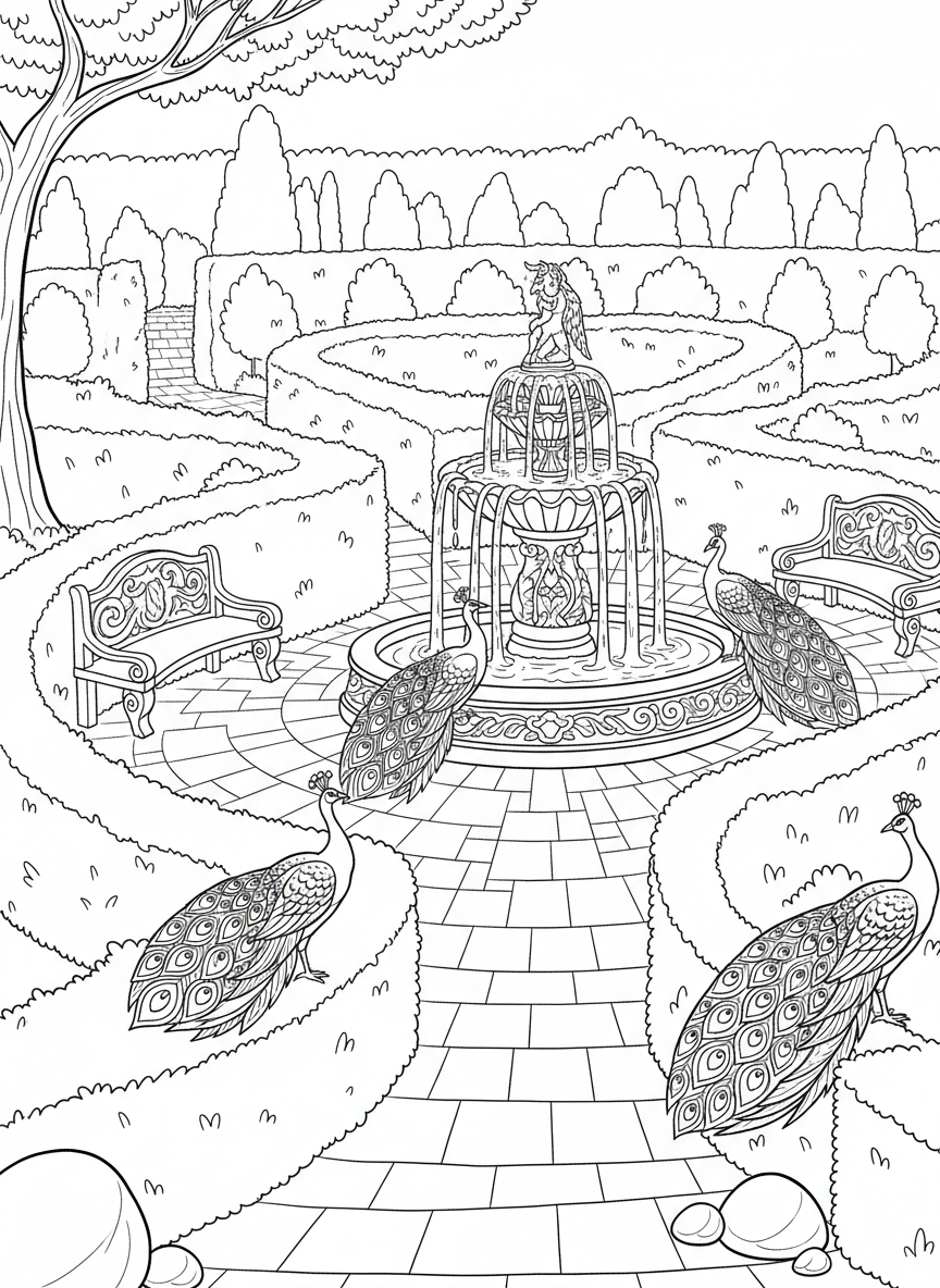 An enchanted garden maze with hedge walls, a fountain in the center, stone benches, and peacocks walking the paths.
