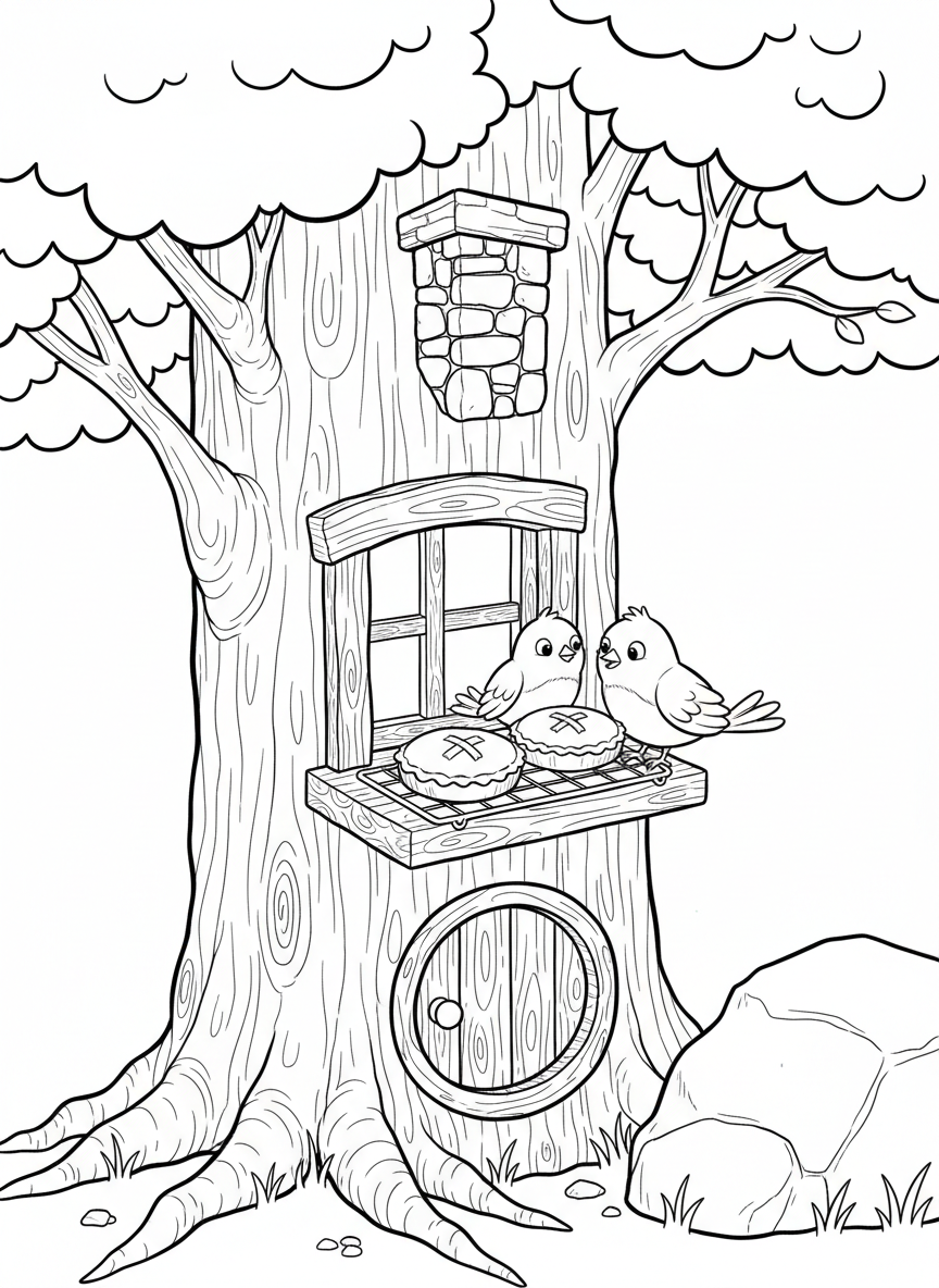A close-up of a miniature treehouse oven with freshly baked pies cooling on the windowsill, birds peeking in from outside.