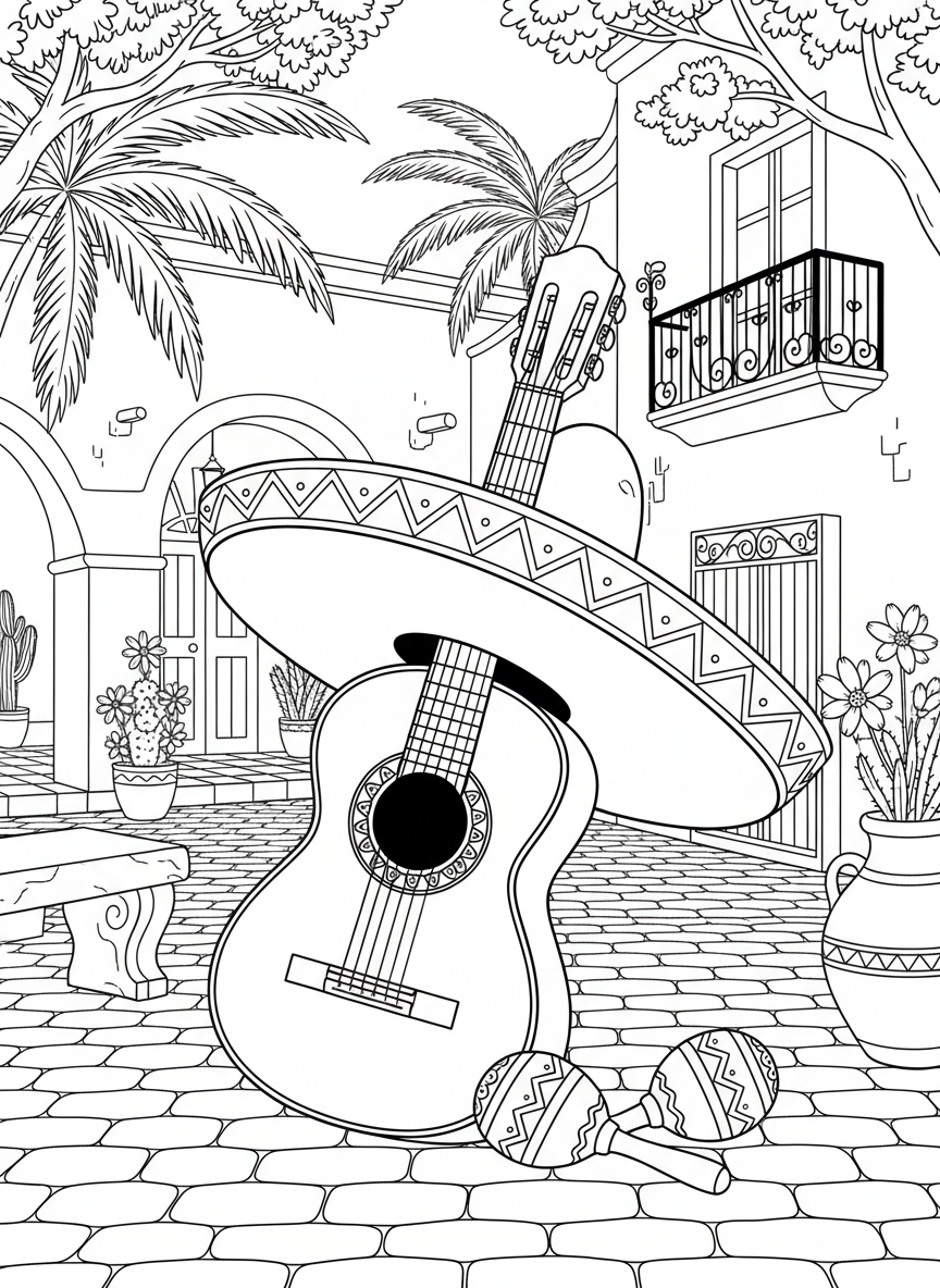 A festive mariachi scene with a guitar, maracas, and a sombrero arranged together in a still-life composition.