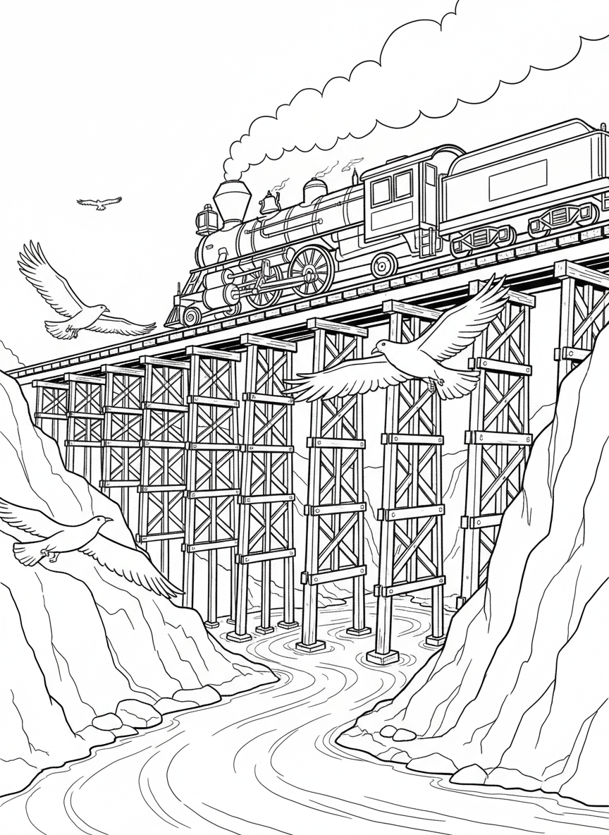 A coal-powered locomotive crossing a tall trestle bridge over a river valley with birds flying nearby