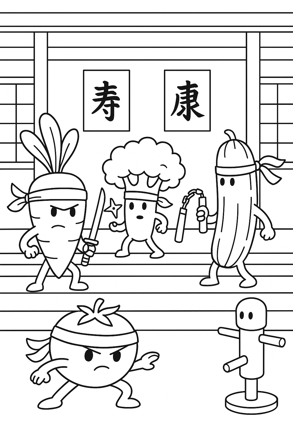 Coloring page: ninja carrot with headband and sword, broccoli throwing stars, cucumber with nunchucks, tomato in stealth pose, dojo background with Japanese symbols, training dummy,