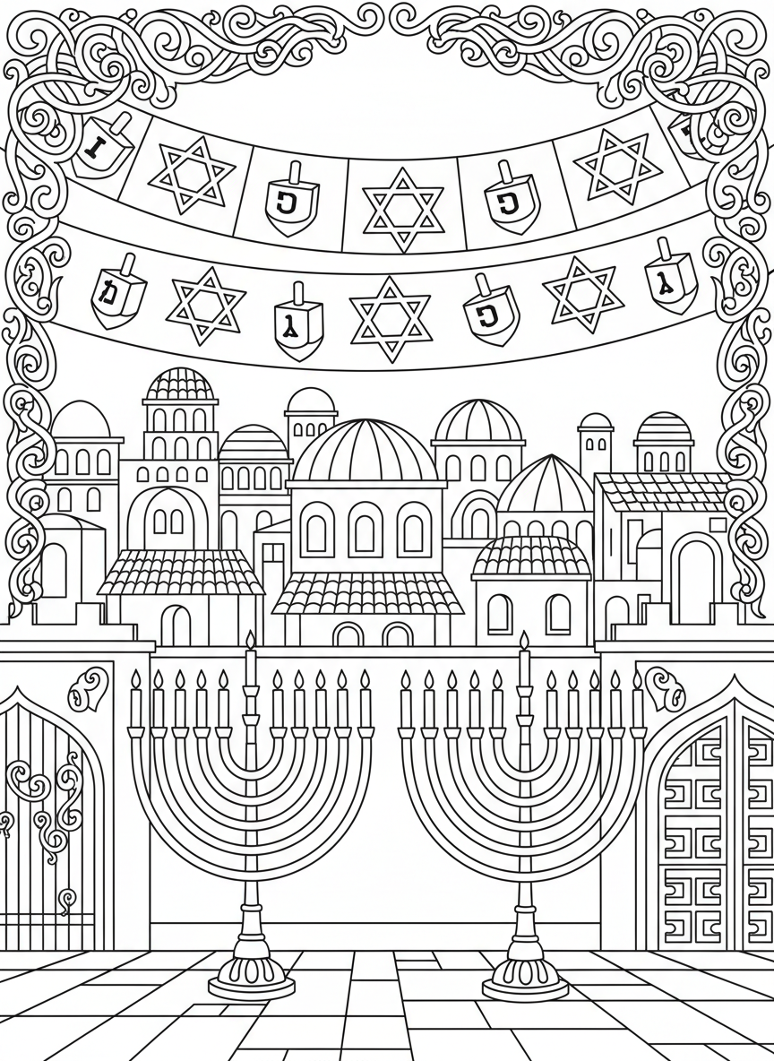 A decorative Hanukkah banner with Stars of David and dreidels hanging across the top of the page, festive border design.