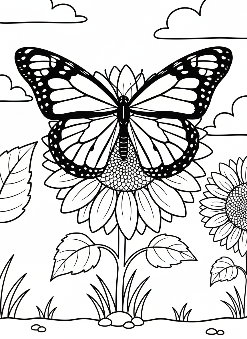 A large monarch butterfly with detailed wing patterns resting on a sunflower, simple line art with clear outlines for easy coloring.