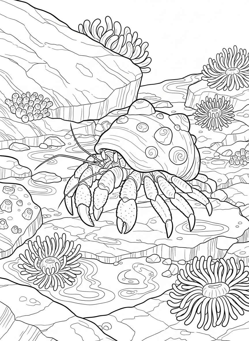 A hermit crab wearing a decorated shell with barnacles, walking across tide pool rocks with sea anemones in the background.