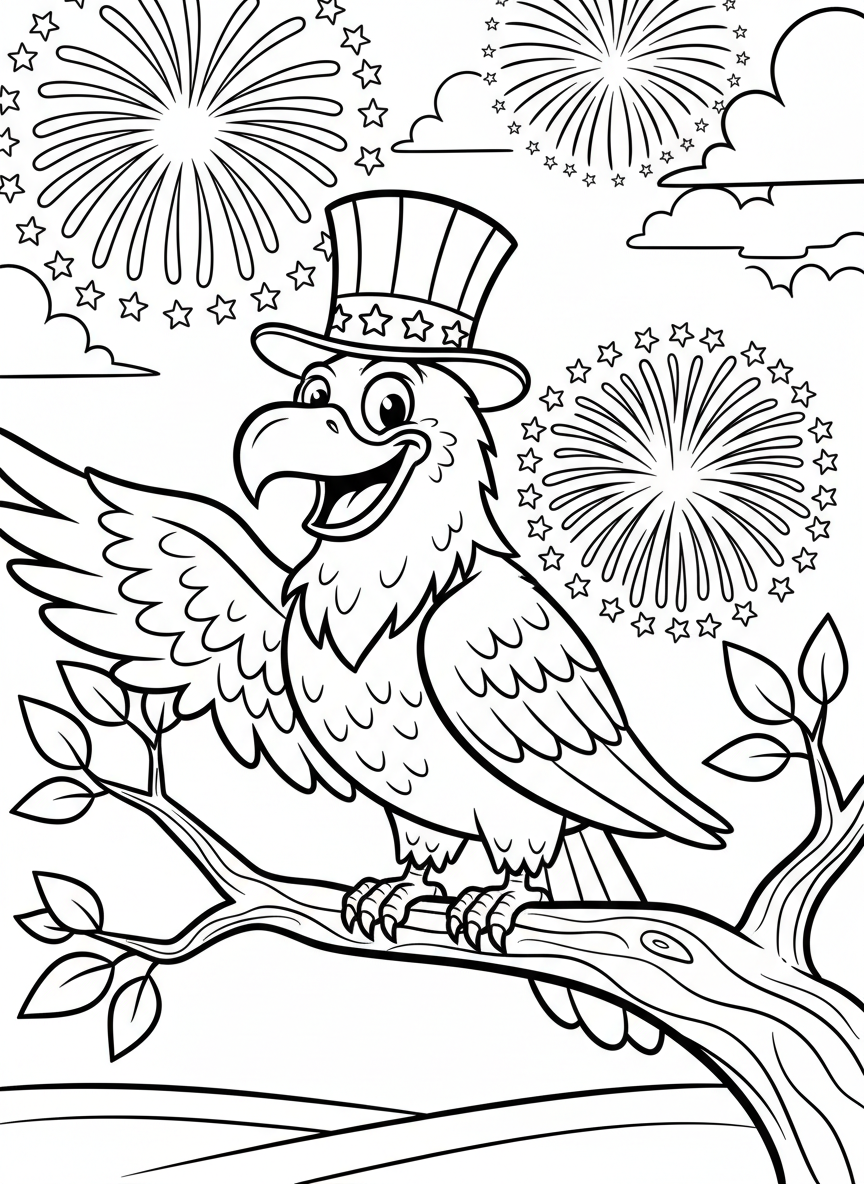 A smiling cartoon eagle wearing a patriotic top hat decorated with stars and stripes, perched on a branch with fireworks bursting in the background