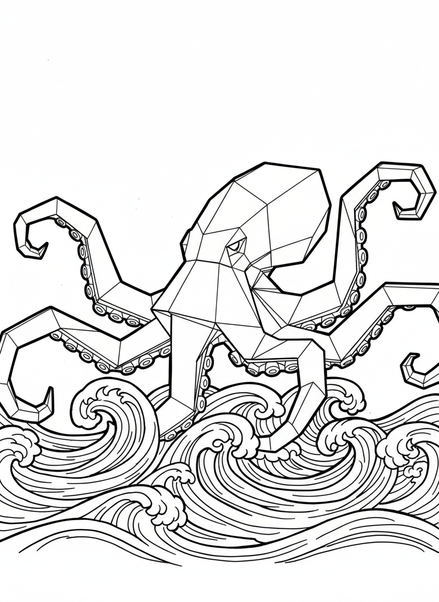 An origami kraken with eight geometric tentacles made of angular paper folds emerging from ocean waves, black and white line art