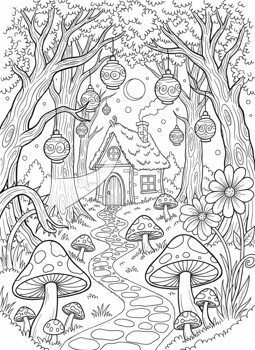 A magical forest with glowing lanterns hanging from trees, mushrooms along the path, and a small cottage hidden deep in the woods.