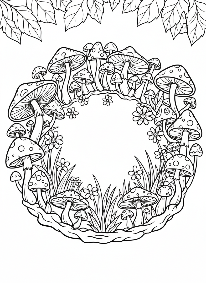A decorative fairy ring of mushrooms and toadstools in various sizes with grass and tiny flowers in the center