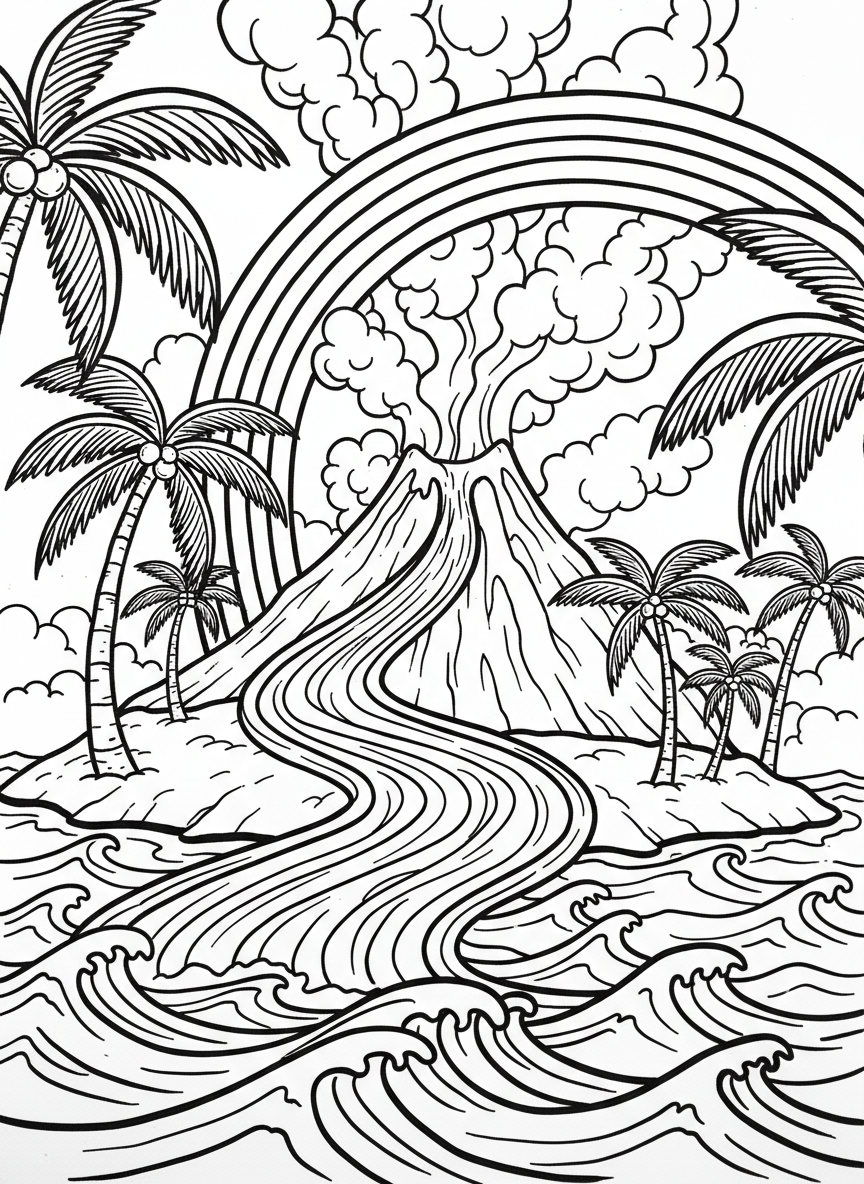 A volcanic island in the ocean with palm trees, gentle lava flow reaching the water creating steam, and a rainbow in the background.
