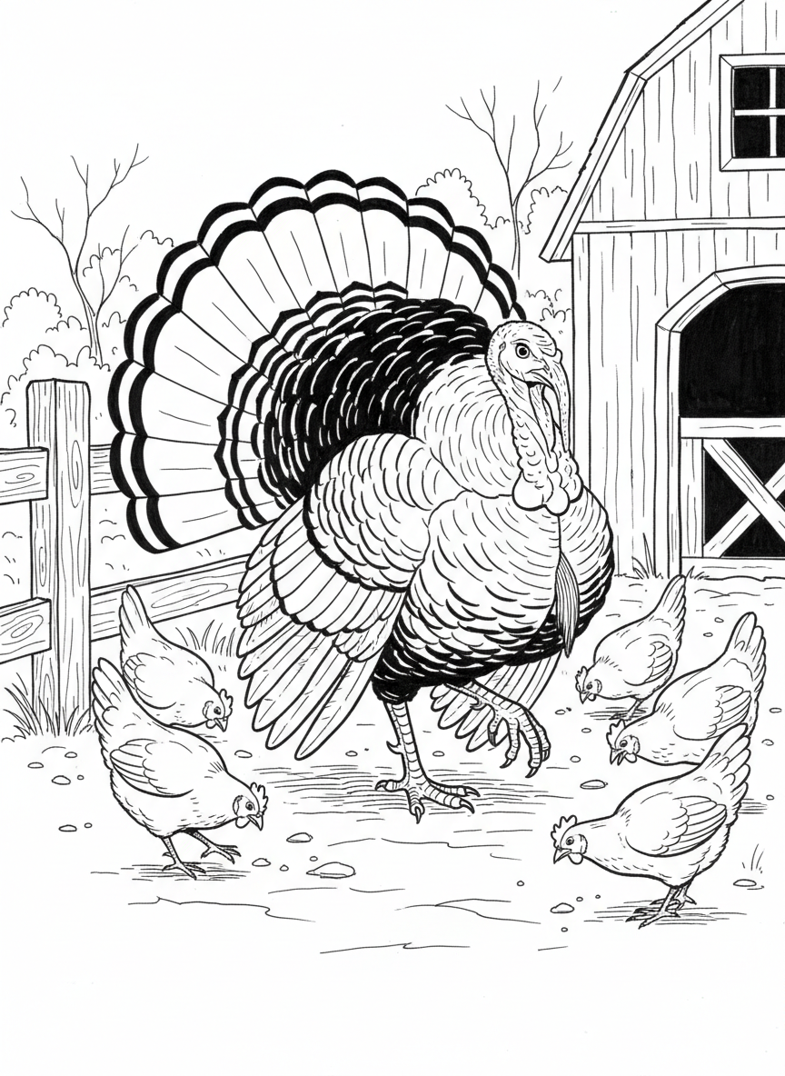 A turkey strutting through the farmyard with its tail feathers spread wide, chickens pecking nearby.