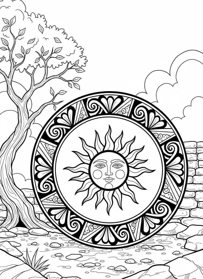A decorative ceramic plate with a sun design in the center and border patterns around the edge.