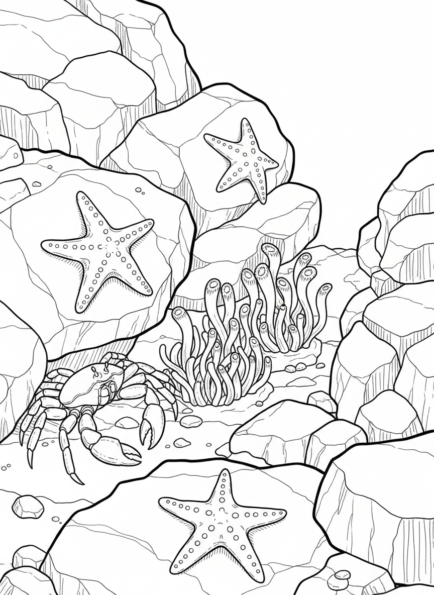 A detailed underwater view of a tide pool showing layered rocks, clinging starfish, swaying anemones, and a curious crab.