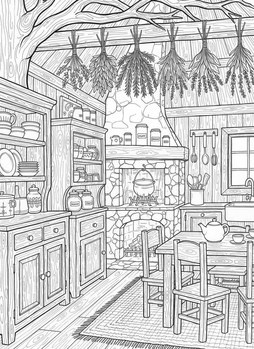 Detailed treehouse kitchen with open cabinets showing jars of honey, flour, and sugar, plus hanging herbs drying from the ceiling.