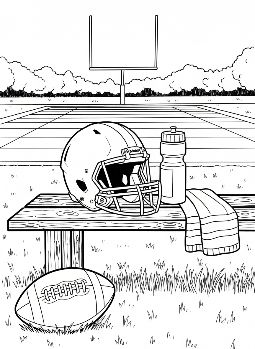 A football helmet resting on a bench next to a water bottle and towel, with a football field in the background.