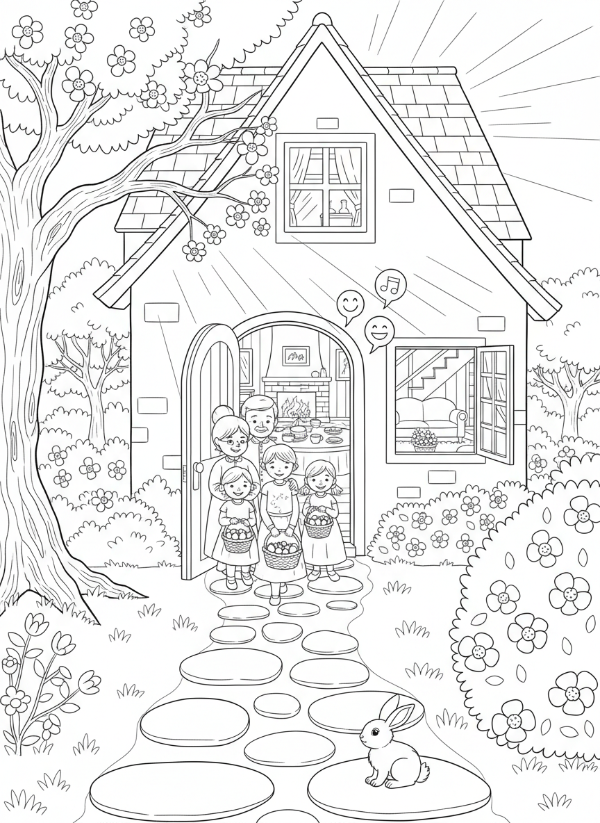 Easter Sunday Morning coloring page prompts capturing calm beginnings, family traditions, and fresh spring light.	The house slowly filling with conversation and laughter as Easter morning continues.