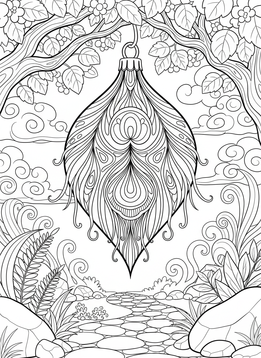 A teardrop-shaped ornament with a beautiful peacock feather design showing the eye pattern and delicate feather details