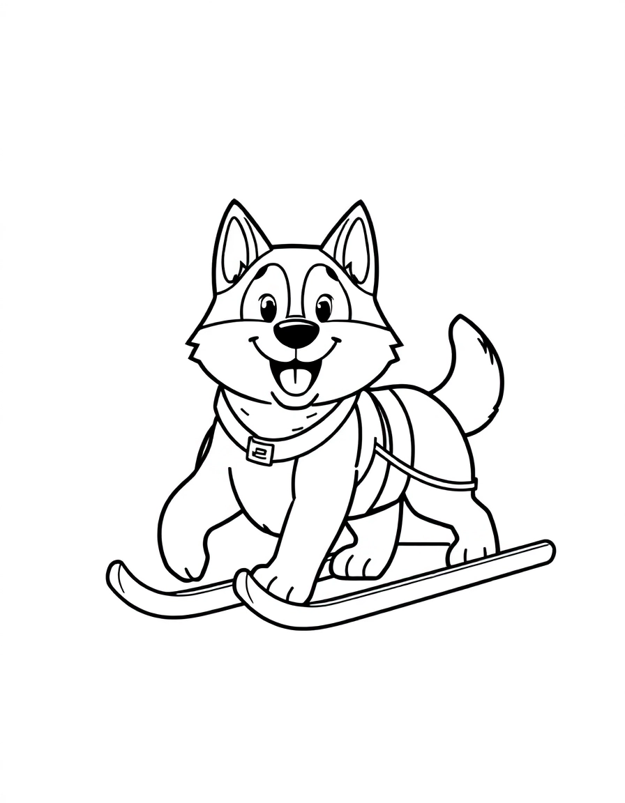 Husky Sled: A happy husky dog wearing a harness, ready to pull a sled, with a wagging tail.