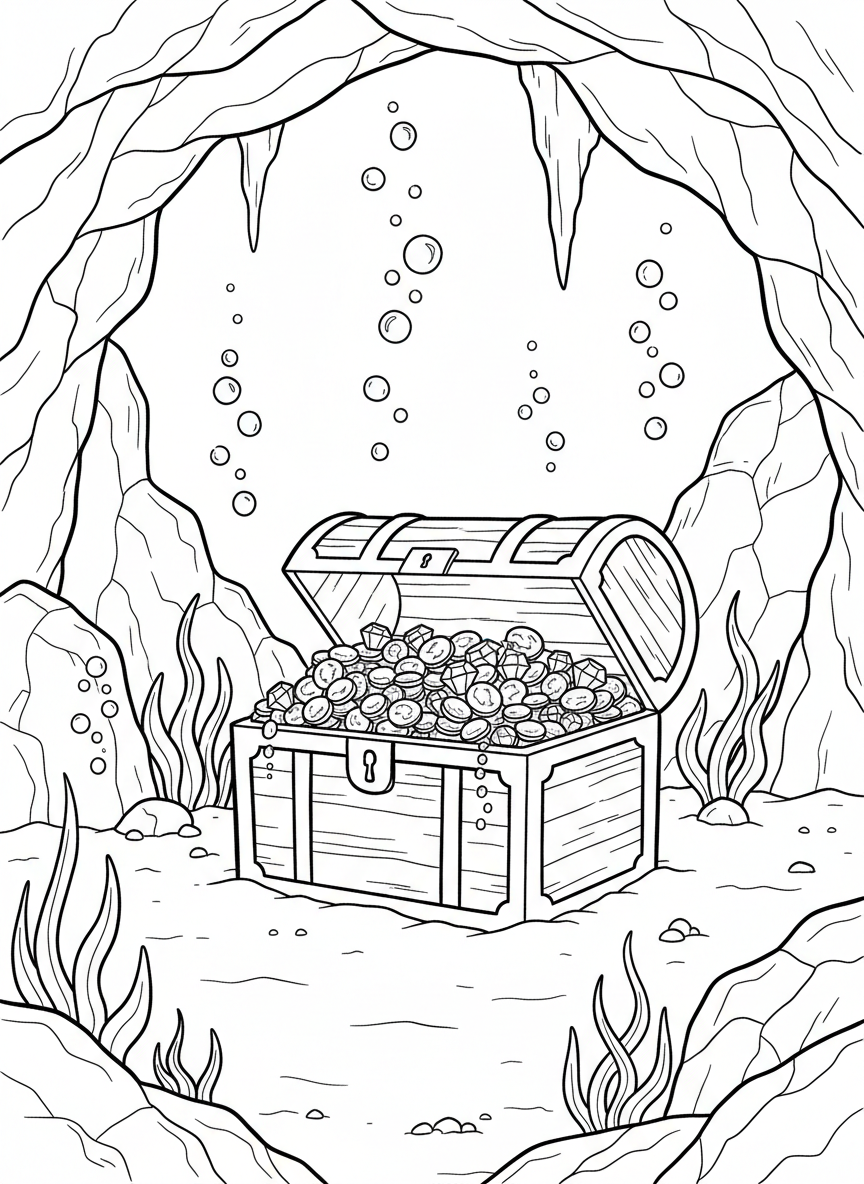 A treasure chest overflowing with coins and jewels sitting on the sandy floor of an underwater cave, surrounded by small bubbles and seaweed