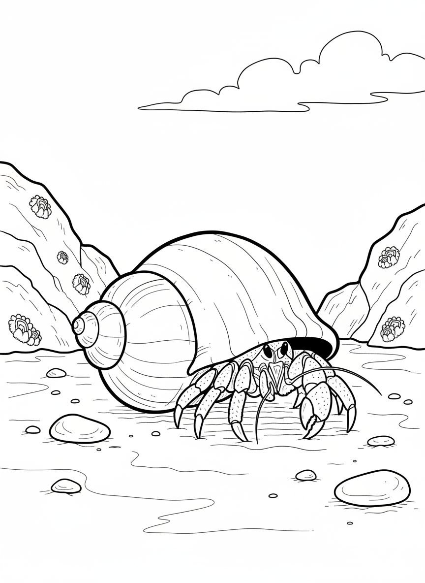 A hermit crab peeking out from its spiral shell, sitting on sandy tide pool floor with a few pebbles nearby, clear line art