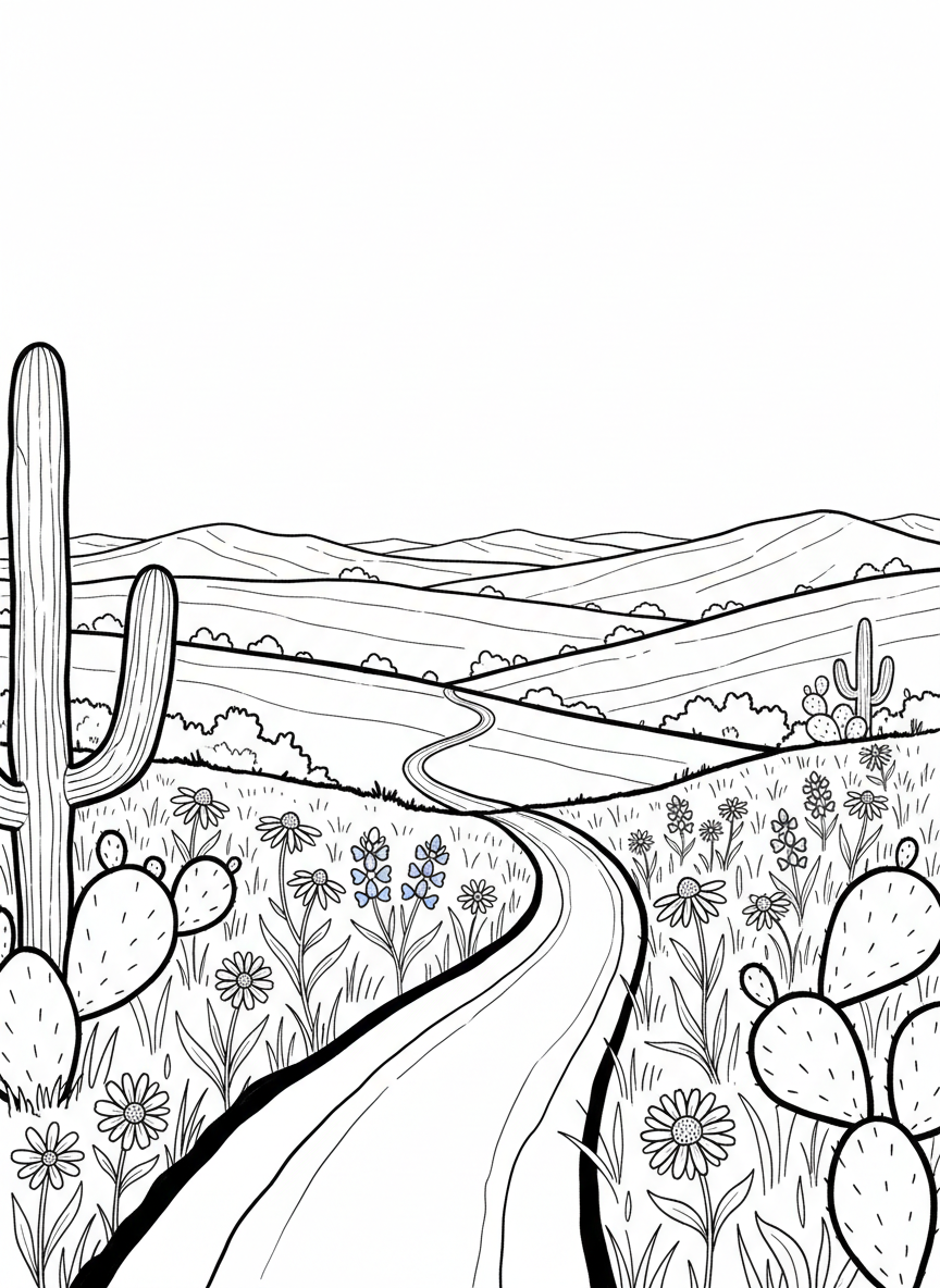 Rolling Texas hills landscape with wildflowers, cacti, and a winding path leading to distant hills, wide scenic view