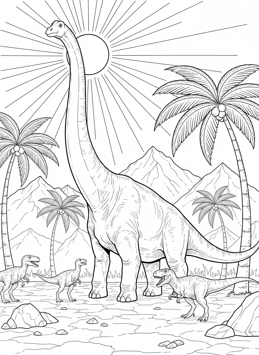 A prehistoric landscape scene showing multiple dinosaurs of different sizes in the distance with palm trees, mountains, and a bright sun.