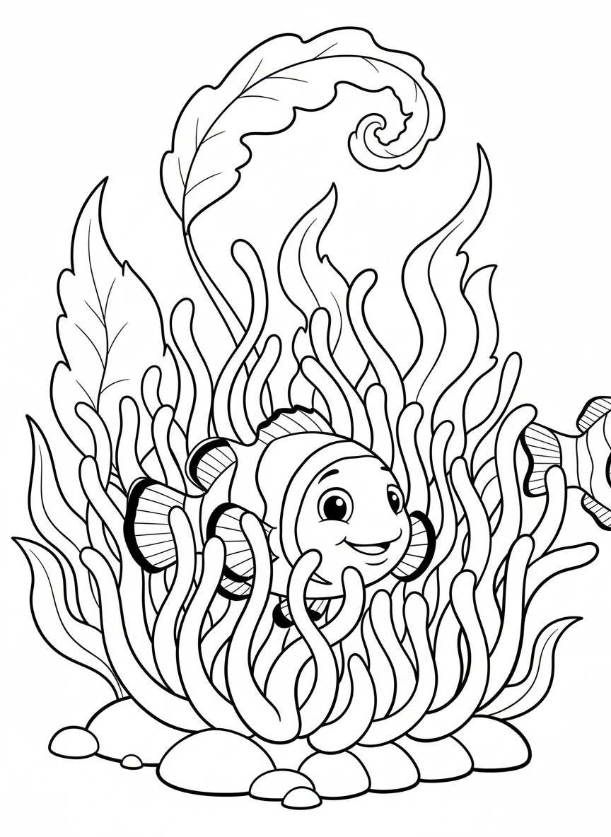 A smiling clownfish peeking out from a sea anemone home, with wavy ocean plants in the background, simple composition